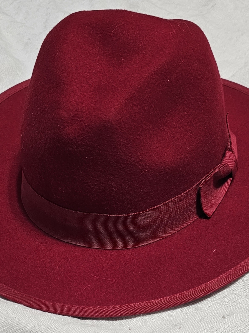 Free People Red Wool Felt Fedora Hat Wide Brim Ribbon Bow Accent Women's